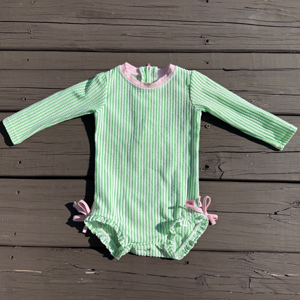 Ruffle Butts Mint and Pink Long Sleeve One Piece - Size 12-18 months